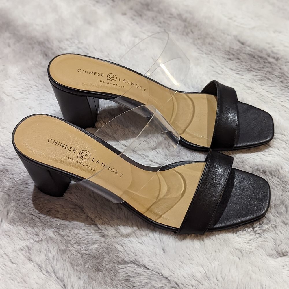 Women's Leather Chinese Laundry Black Strap Block Heels size 10